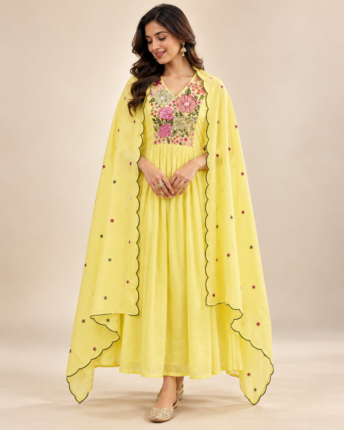 Women’s Yellow Anarkali Suit Set with Floral Embroidery & Dupatta | Festive Wear