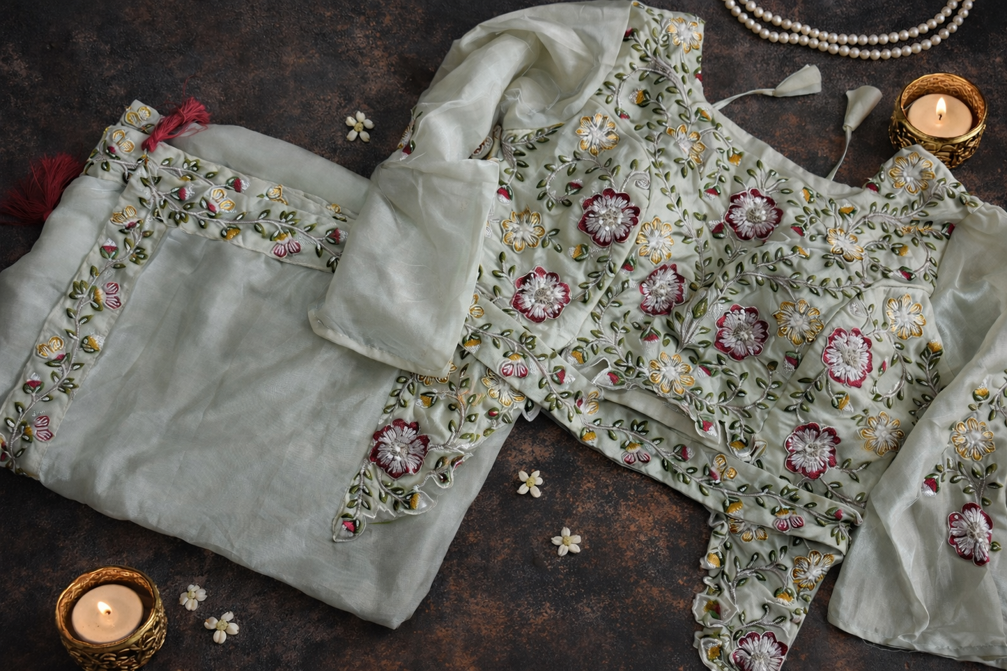 Light pista color saree with ready made lace embroidery blouse