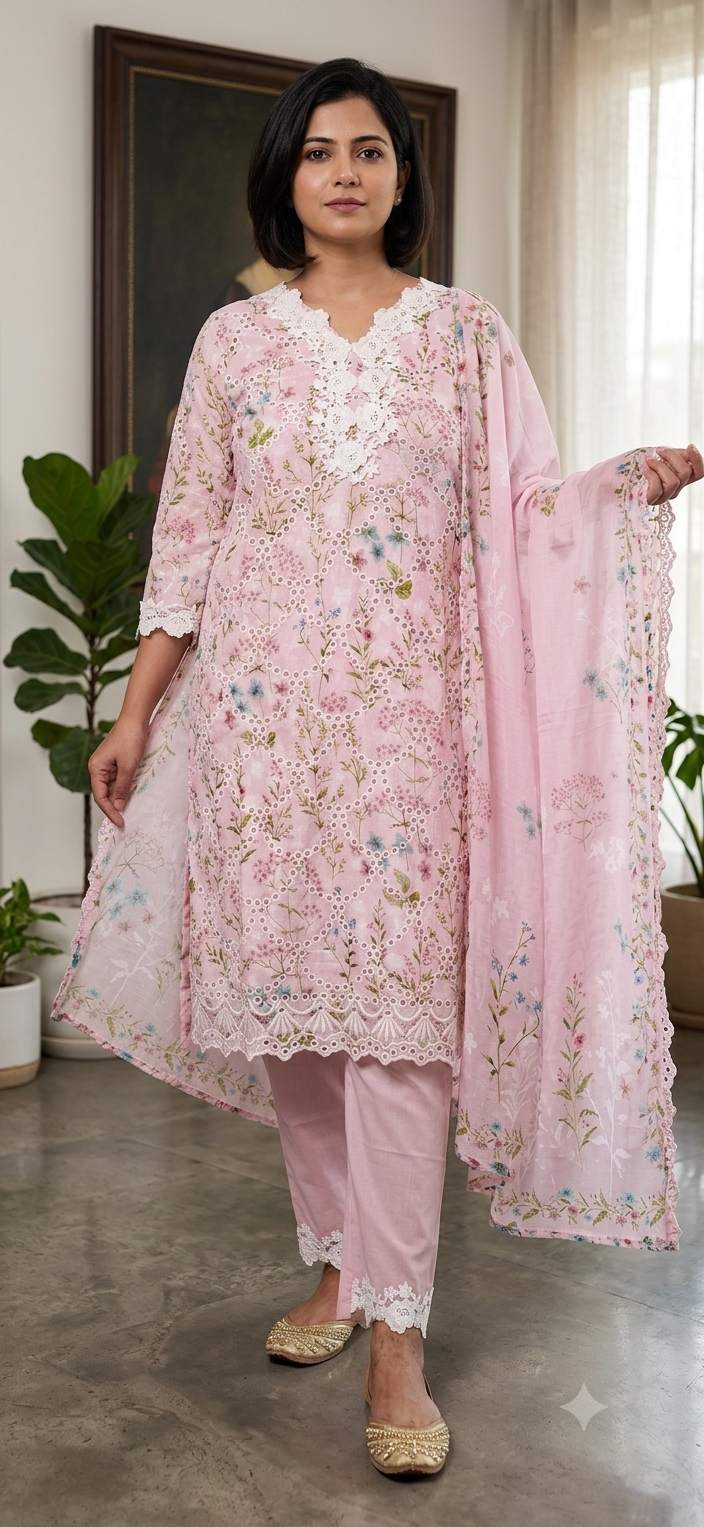 Women’s Blush Floral Embroidered Mul Cotton Suit Set with Dupatta | Elegant Ethnic Wear