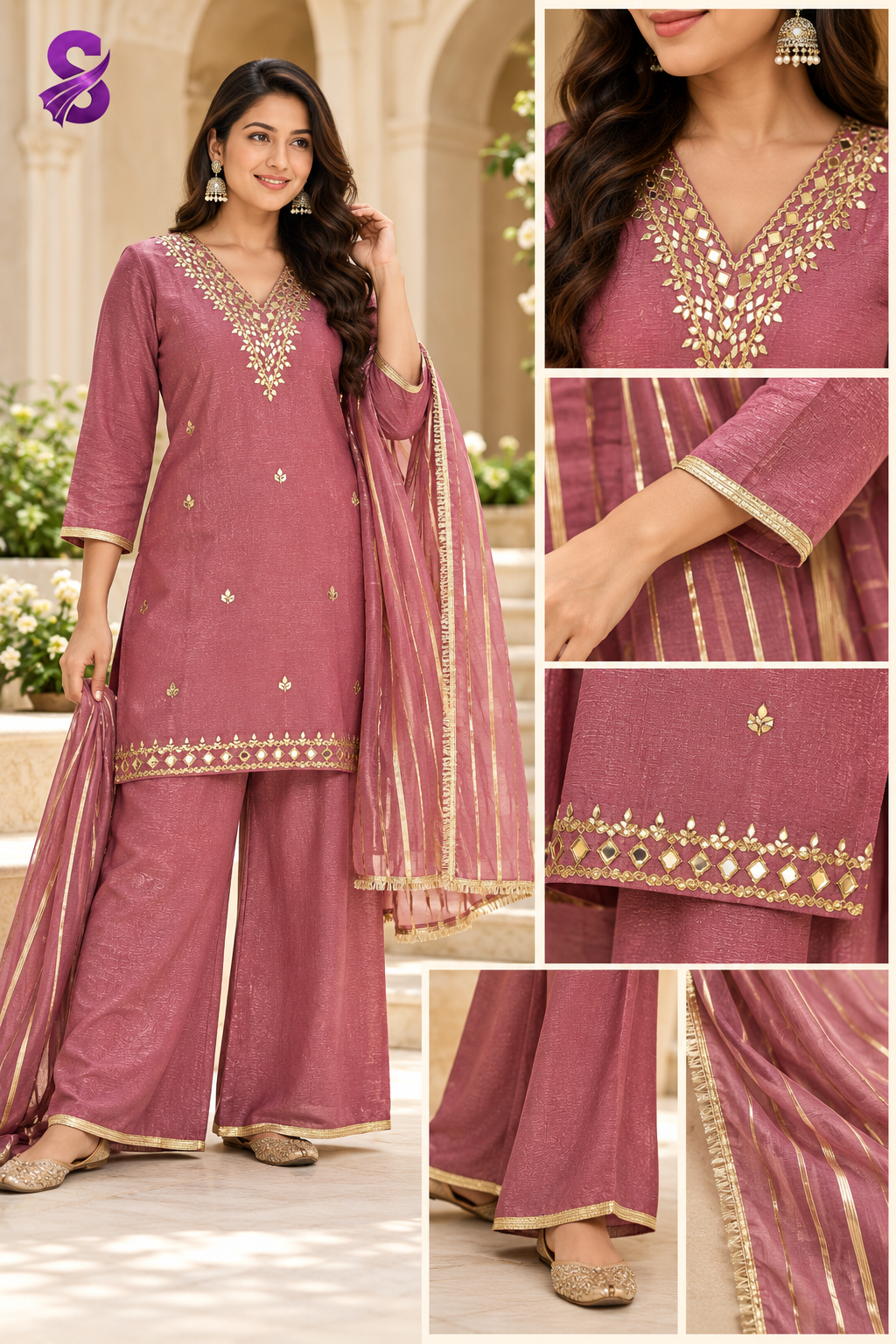 Women’s Dusty Rose Palazzo Suit Set with Gold Embroidery & Dupatta | Festive Wear