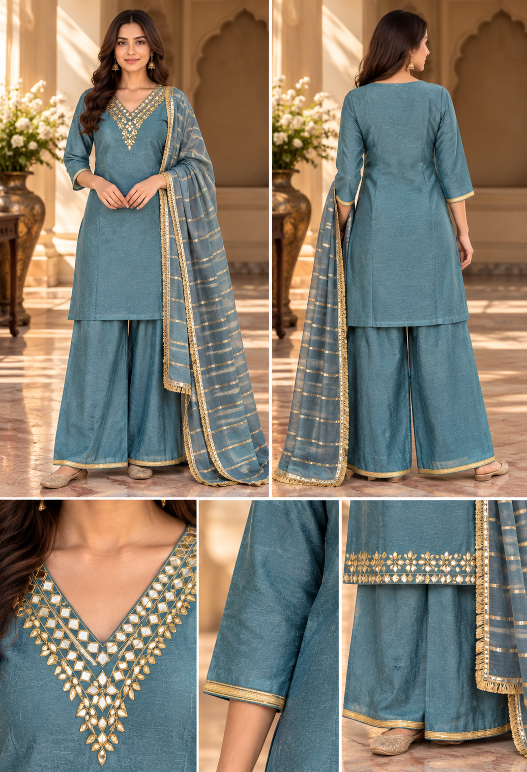 Women’s Teal Blue Palazzo Suit Set with Gold Embroidery & Striped Dupatta | Festive Wear