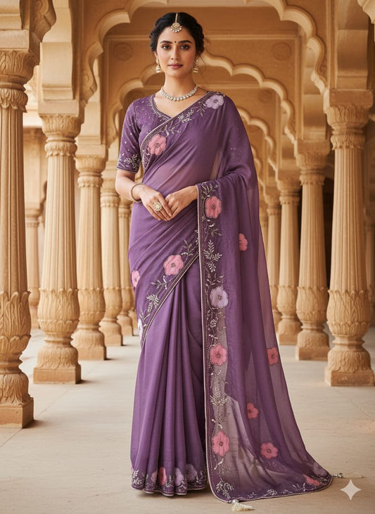 Mehendi and Purple Color Saree