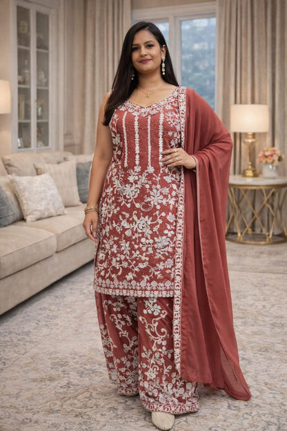 Three Piece Floral Embroidery Sharara Set