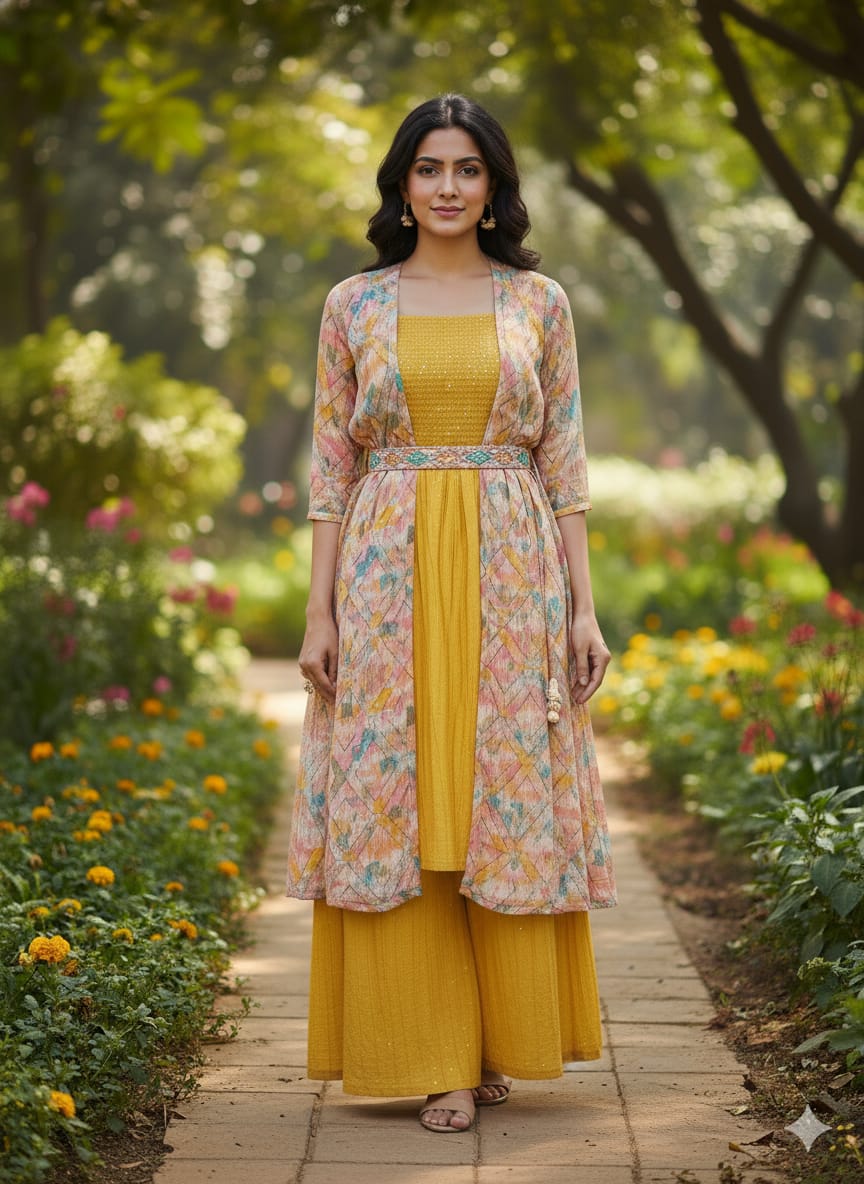 Mustard Yellow Suit With Multi Color Shrug