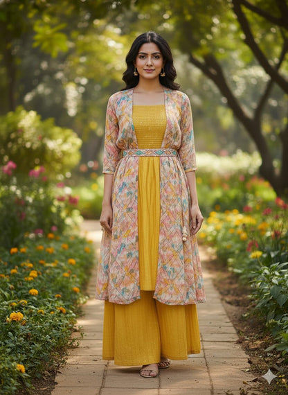 Mustard Yellow Suit With Multi Color Shrug