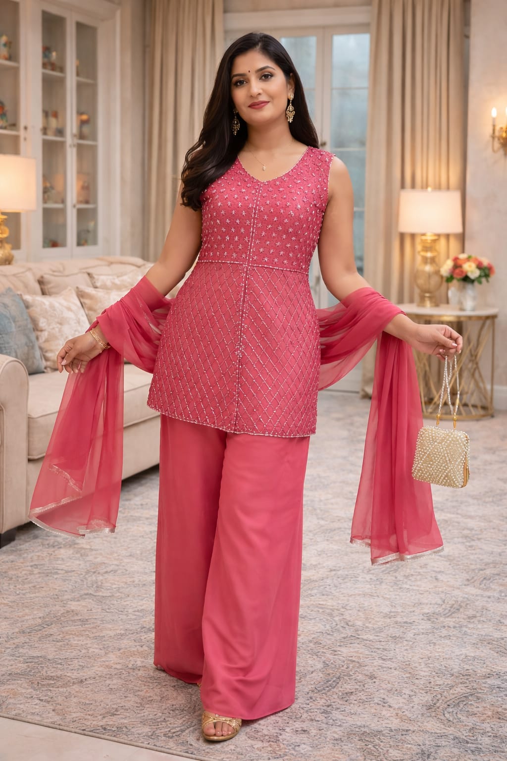 V-neckline Sequin Sharara Set