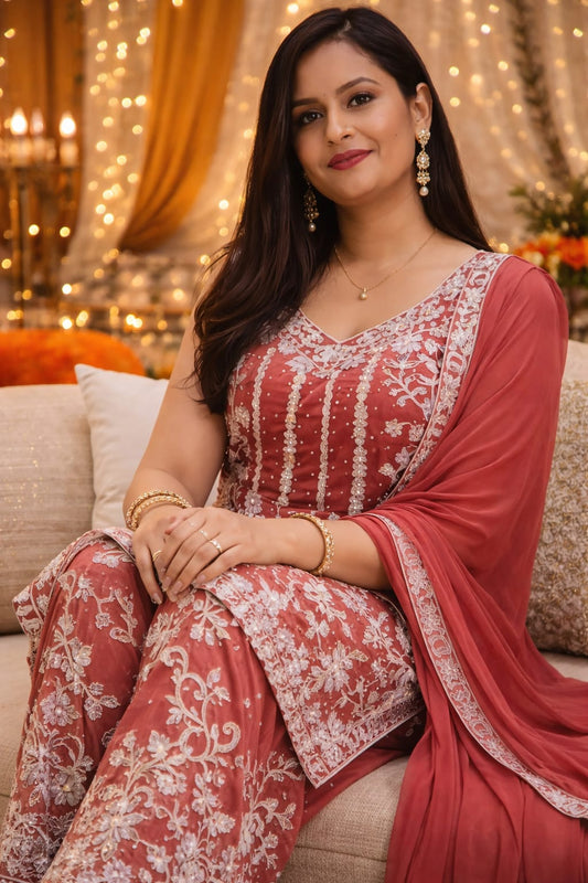 Three Piece Floral Embroidery Sharara Set