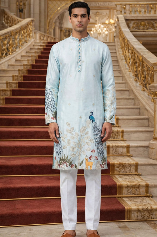 Men’s Sky Blue Kurta with Peacock Embroidery | Royal Festive Wear