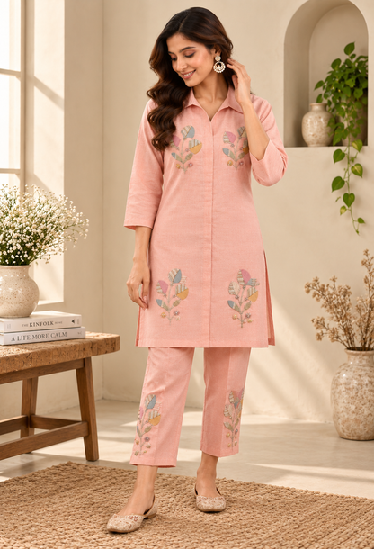 Women’s Peach Pink Embroidered Kurta Pant Set | Elegant Ethnic Wear