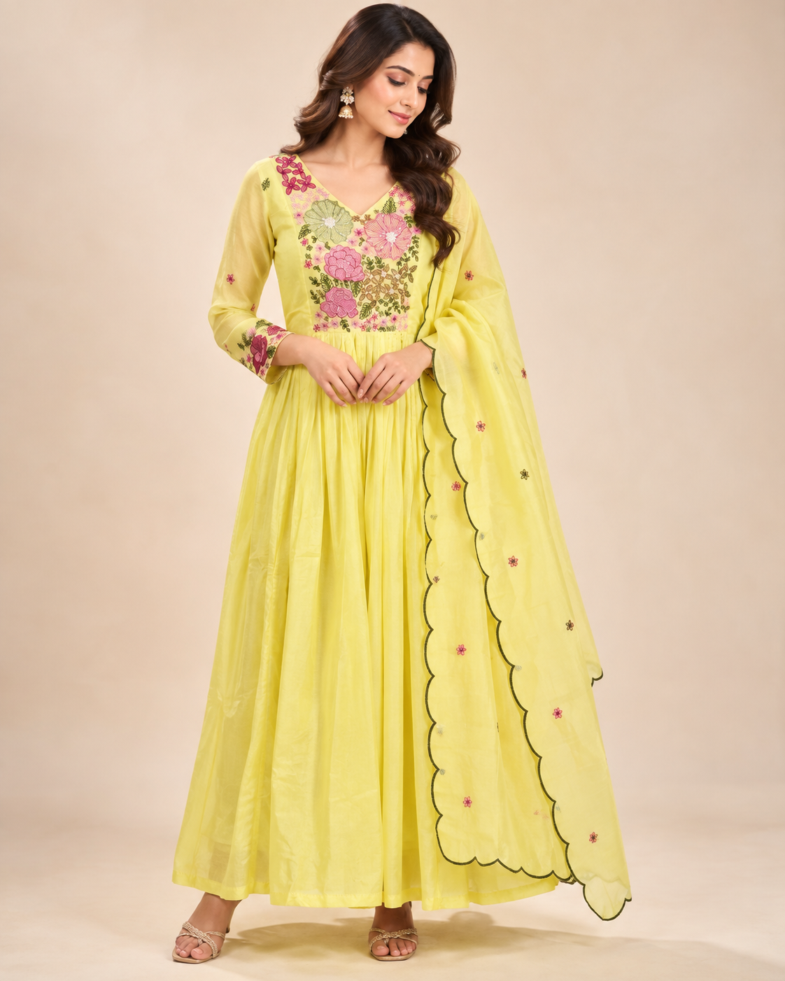 Women’s Yellow Anarkali Suit Set with Floral Embroidery & Dupatta | Festive Wear