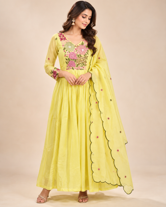 Women’s Yellow Anarkali Suit Set with Floral Embroidery & Dupatta | Festive Wear