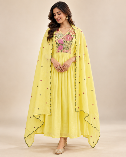 Women’s Yellow Anarkali Suit Set with Floral Embroidery & Dupatta | Festive Wear