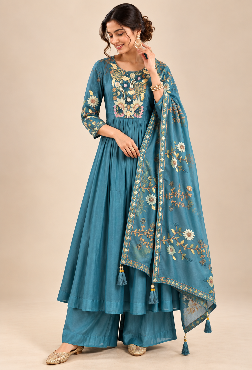 Women’s Teal Blue Anarkali Suit Set with Floral Embroidery & Dupatta | Festive Wear