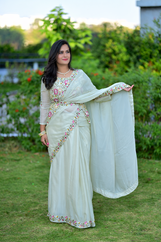 Light pista color saree with ready made lace embroidery blouse