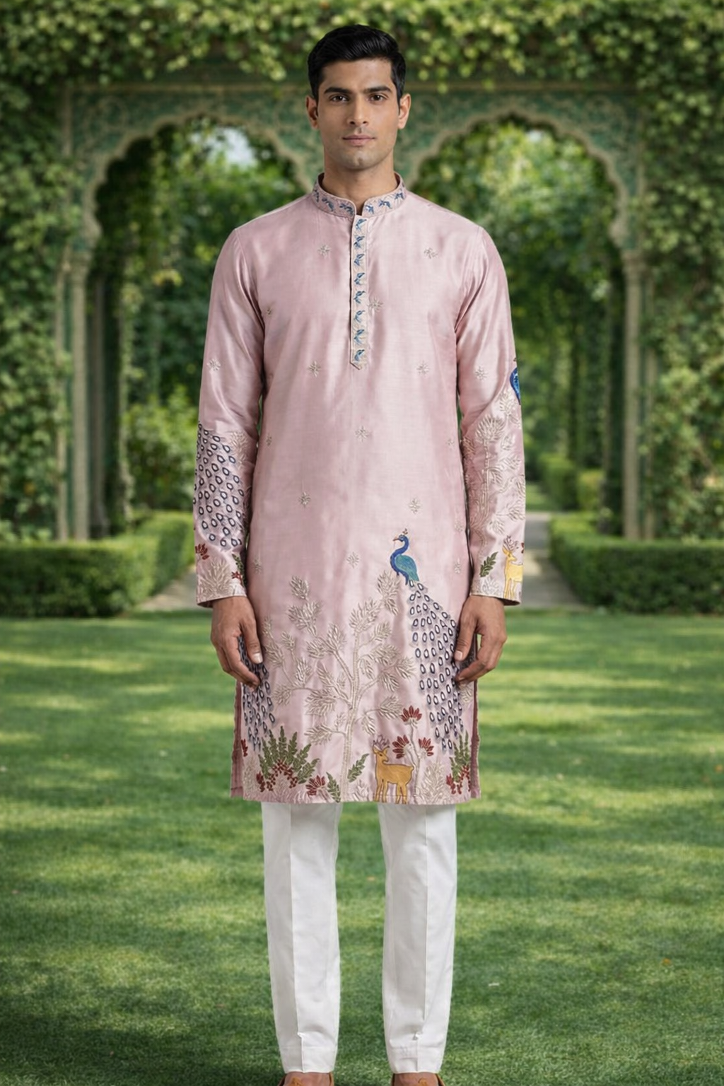 Men’s Pink Kurta with Peacock Embroidery | Designer Festive Wear