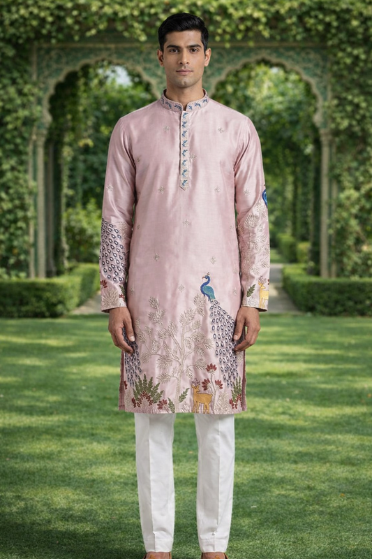 Men’s Pink Kurta with Peacock Embroidery | Designer Festive Wear