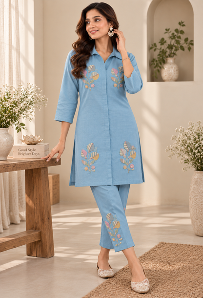 Women’s Blue Embroidered Kurta Pant Set | Elegant Ethnic Wear