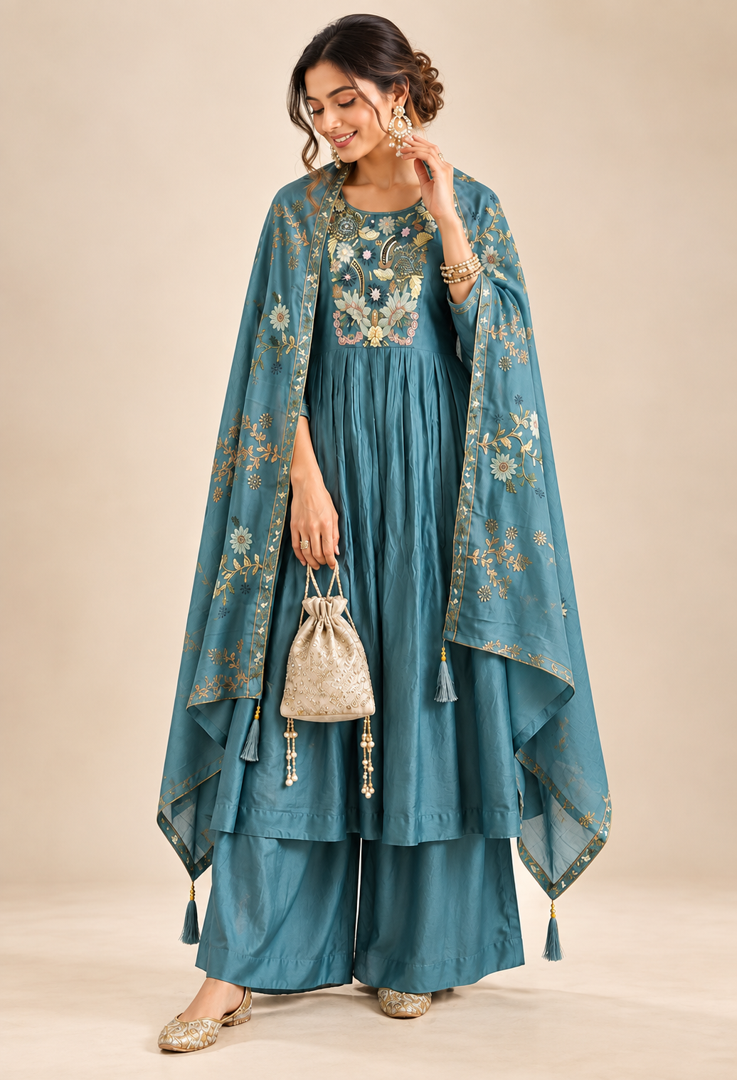 Women’s Teal Blue Anarkali Suit Set with Floral Embroidery & Dupatta | Festive Wear