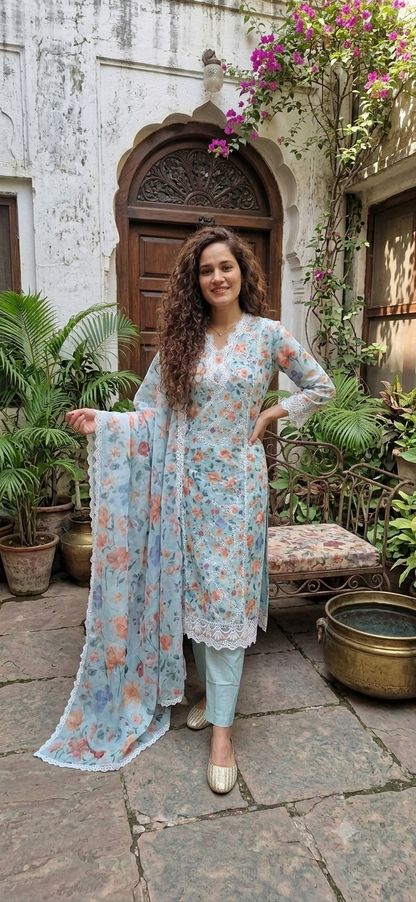 Women’s Blush Floral Embroidered Mul Cotton Suit Set with Dupatta | Elegant Ethnic Wear