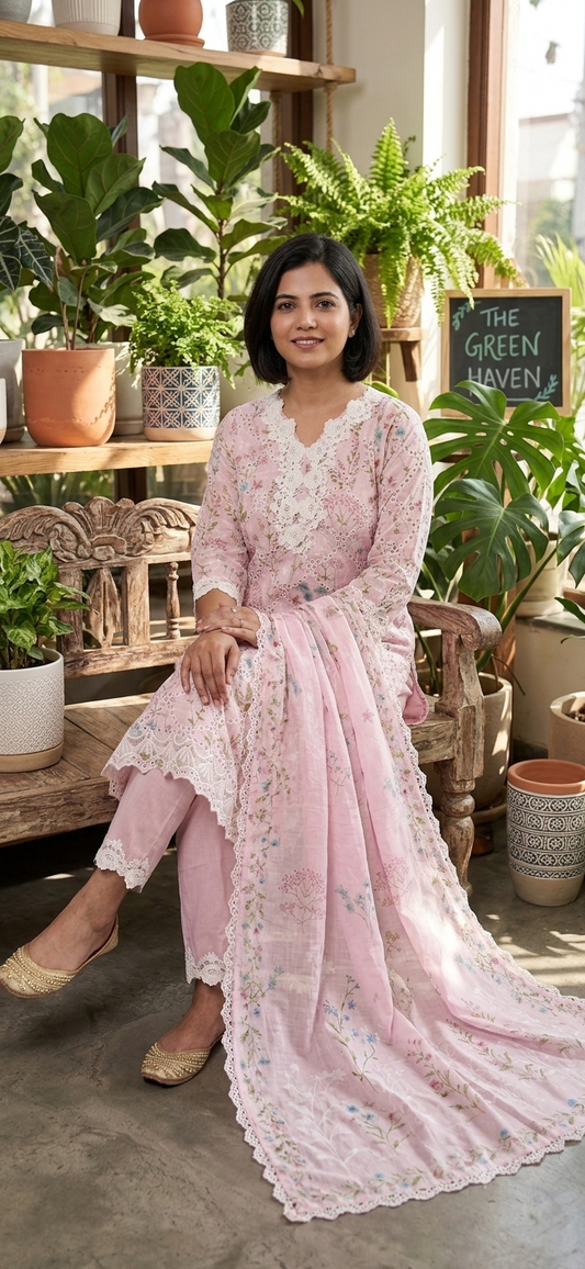 Women’s Blush Floral Embroidered Mul Cotton Suit Set with Dupatta | Elegant Ethnic Wear