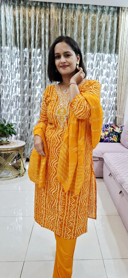 Women’s Mustard Bandhani Print Suit Set with Dupatta | Festive Ethnic Wear