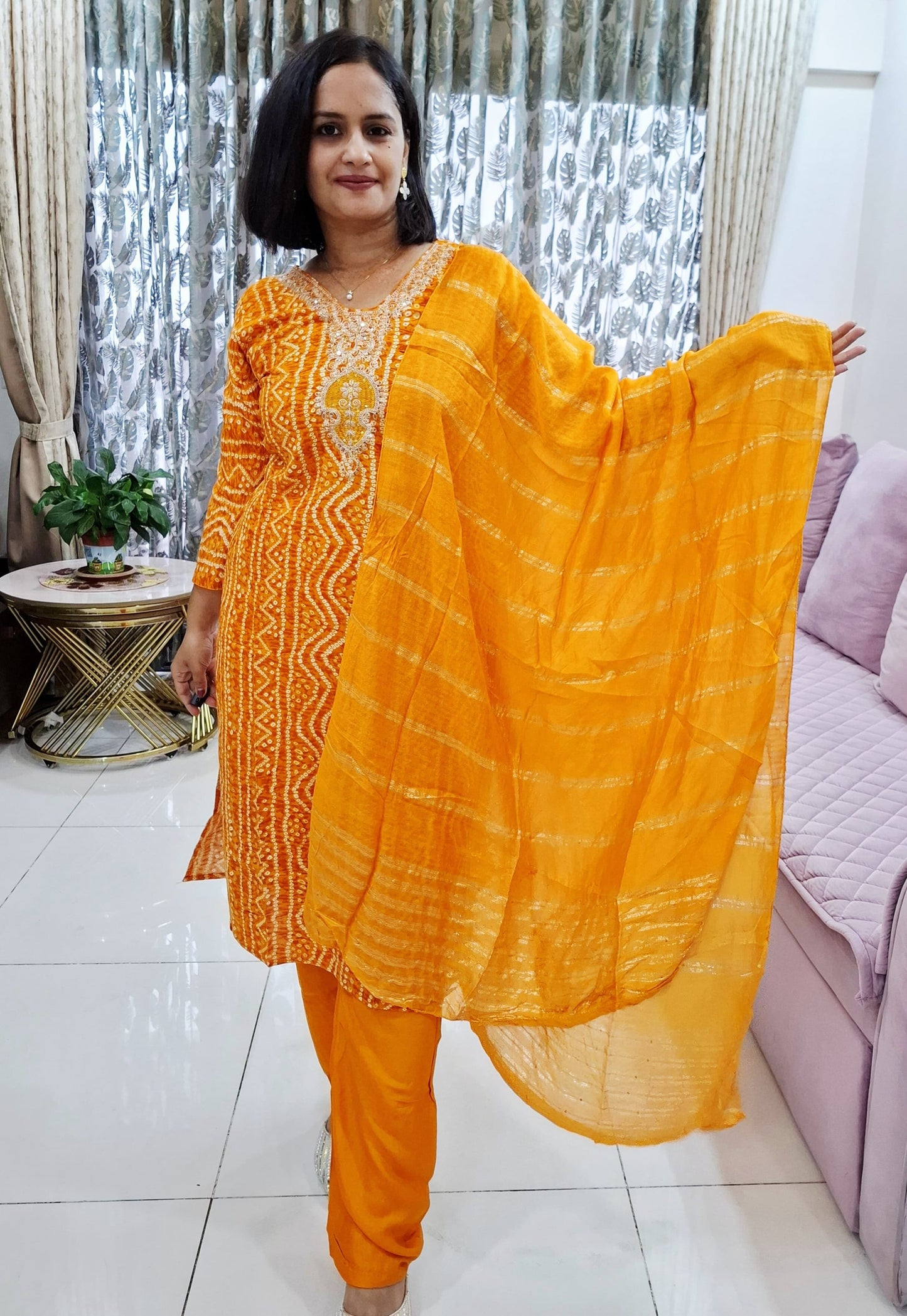Women’s Mustard Bandhani Print Suit Set with Dupatta | Festive Ethnic Wear