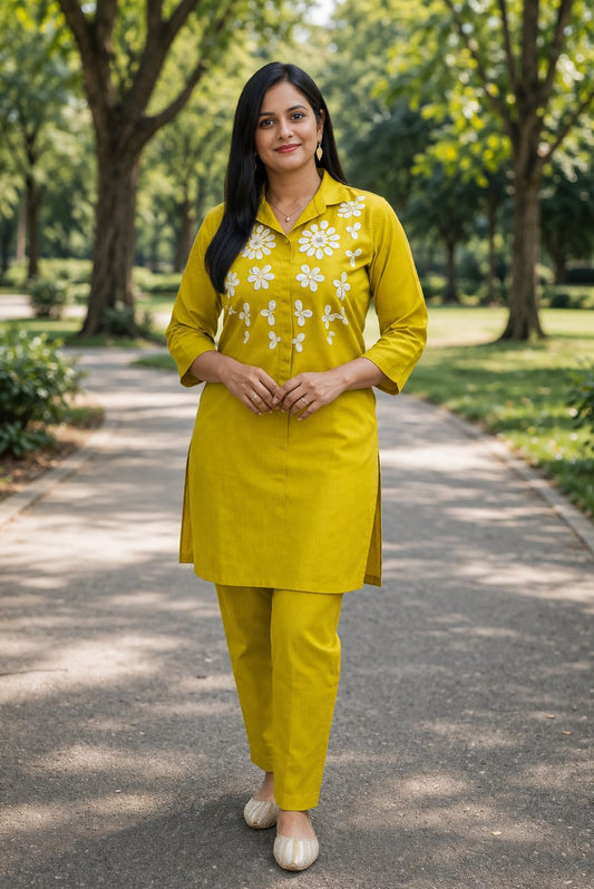 Women’s Olive Green Co-ord Set with Floral Embroidery