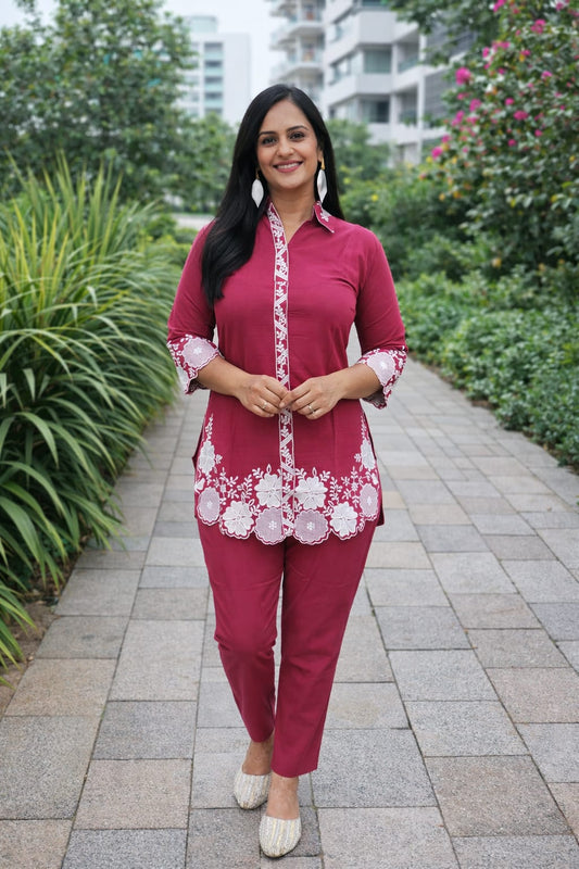 Women’s Magenta Co-ord Set with White Embroidery