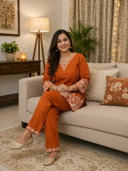 Women’s Rust Orange Co-ord Set with Embroidery