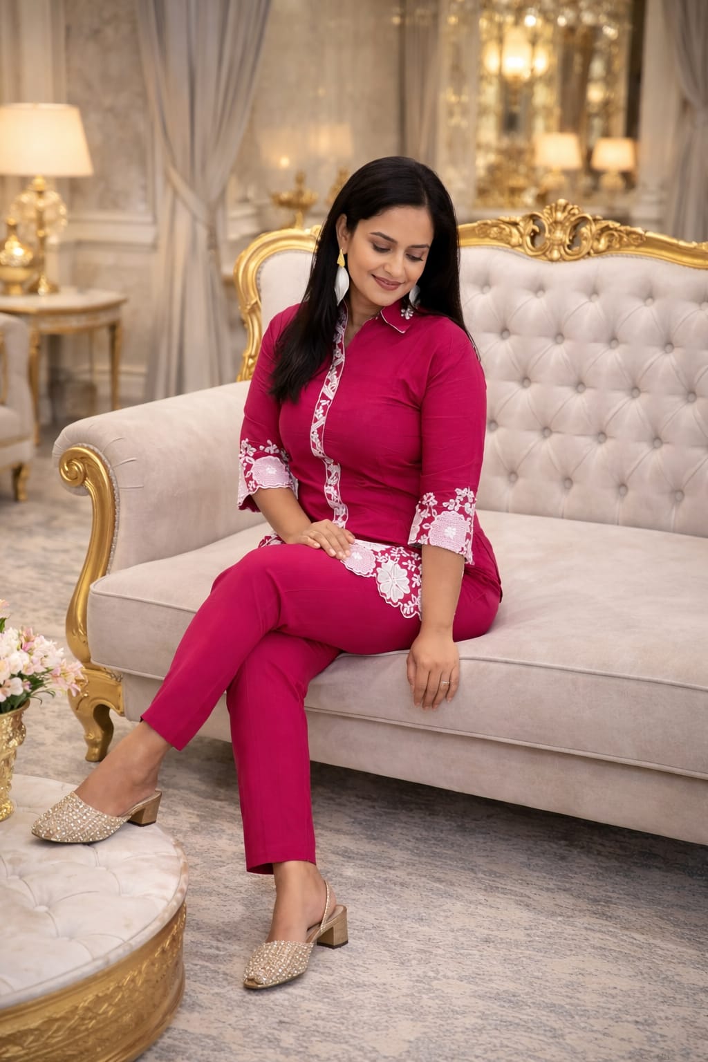 Women’s Magenta Co-ord Set with White Embroidery
