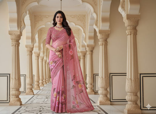 Pink flower saree