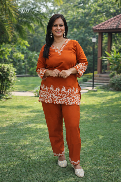 Women’s Rust Orange Co-ord Set with Embroidery