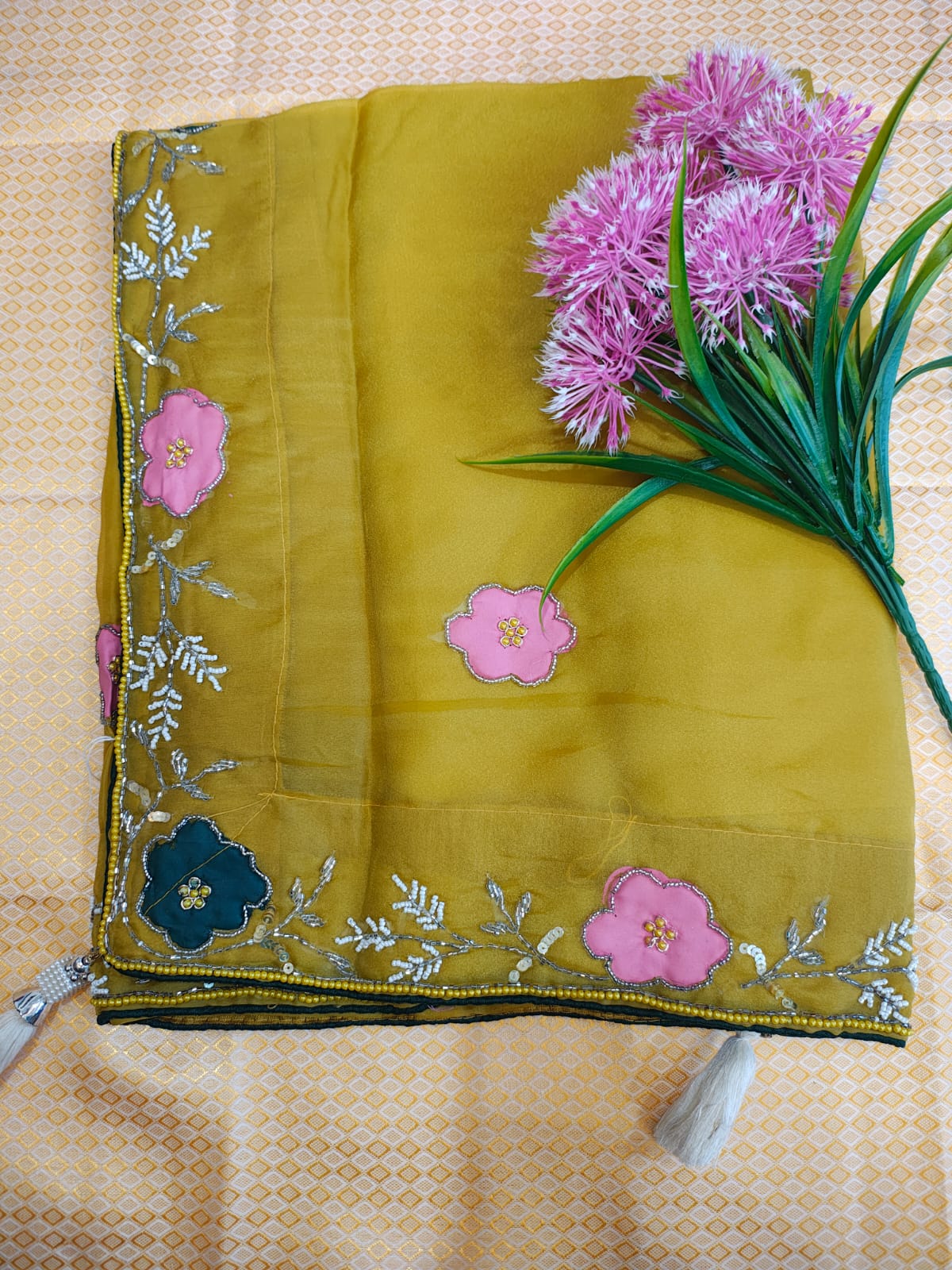 Mehendi and Purple Color Saree