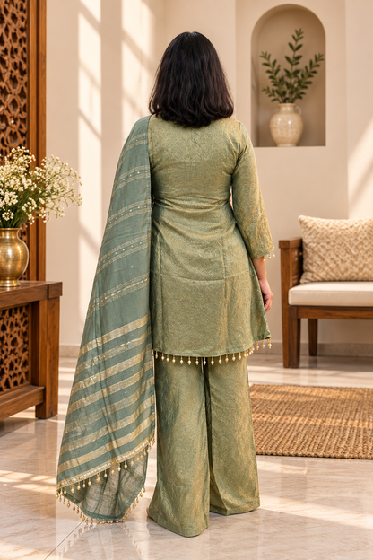 Women’s Olive Green Palazzo Suit Set with Gold Detailing & Dupatta | Festive Wear