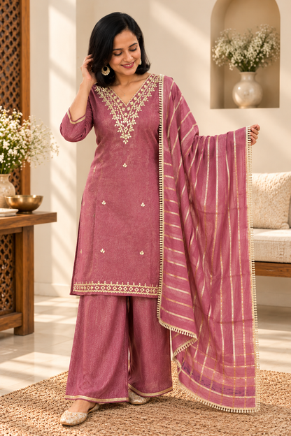 Women’s Dusty Rose Palazzo Suit Set with Gold Embroidery & Dupatta | Festive Wear