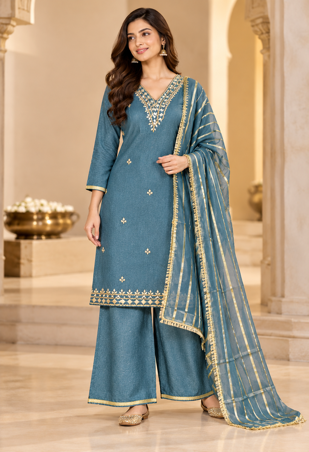 Women’s Teal Blue Palazzo Suit Set with Gold Embroidery & Striped Dupatta | Festive Wear