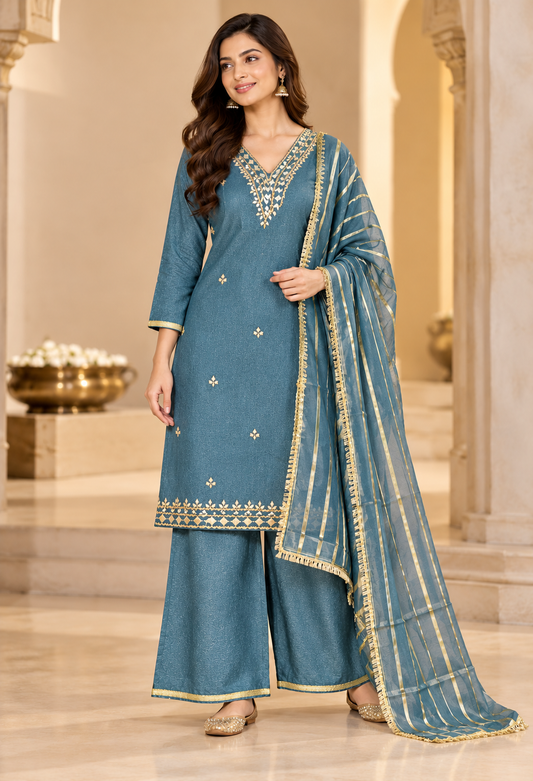 Women’s Teal Blue Palazzo Suit Set with Gold Embroidery & Striped Dupatta | Festive Wear