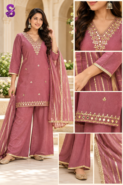Women’s Dusty Rose Palazzo Suit Set with Gold Embroidery & Dupatta | Festive Wear