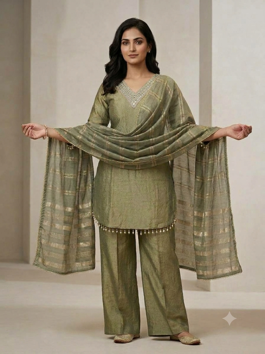 Women’s Olive Green Palazzo Suit Set with Gold Detailing & Dupatta | Festive Wear