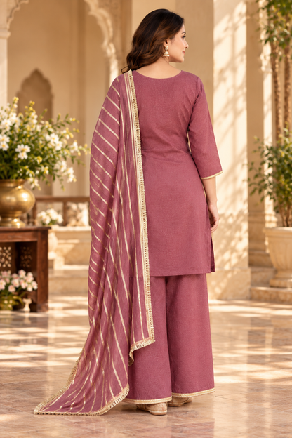 Women’s Dusty Rose Palazzo Suit Set with Gold Embroidery & Dupatta | Festive Wear