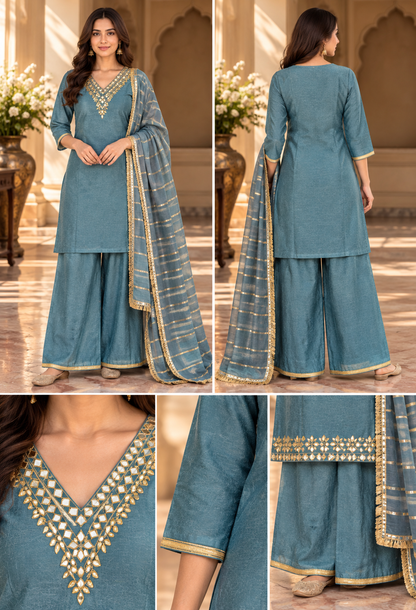 Women’s Teal Blue Palazzo Suit Set with Gold Embroidery & Striped Dupatta | Festive Wear
